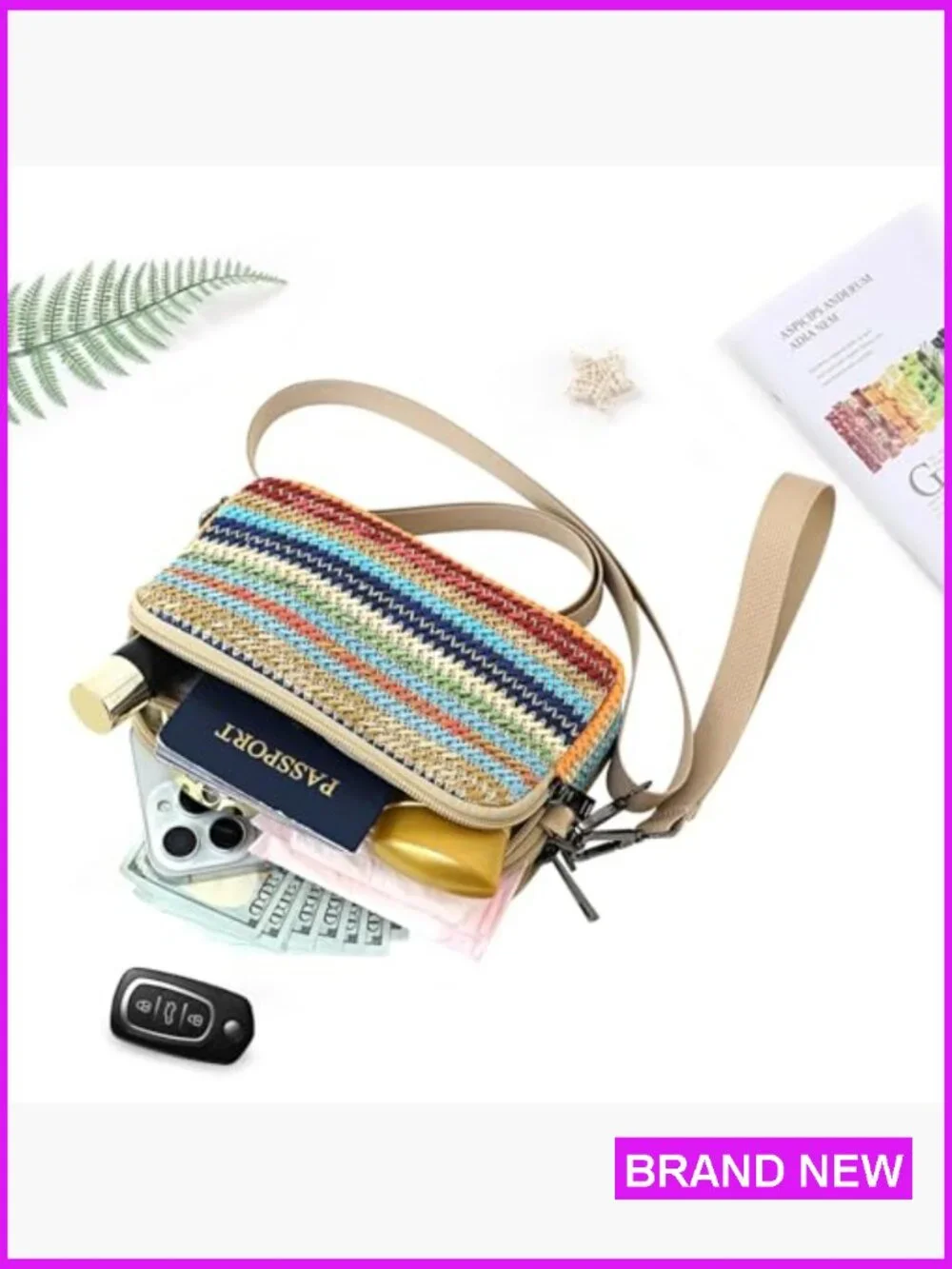 Small 3-Zip Wristlet Crossbody Phone Purse Lightweight Straw Texture